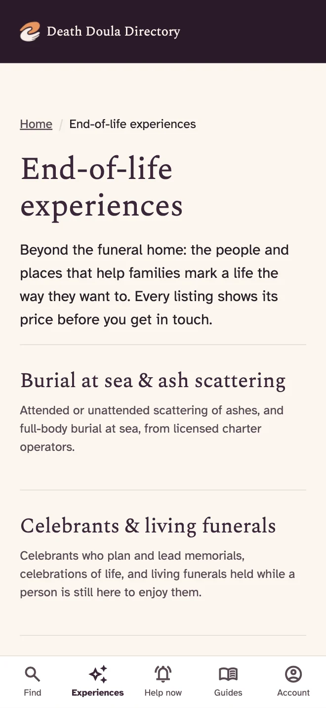 End-of-life experiences screen in the app