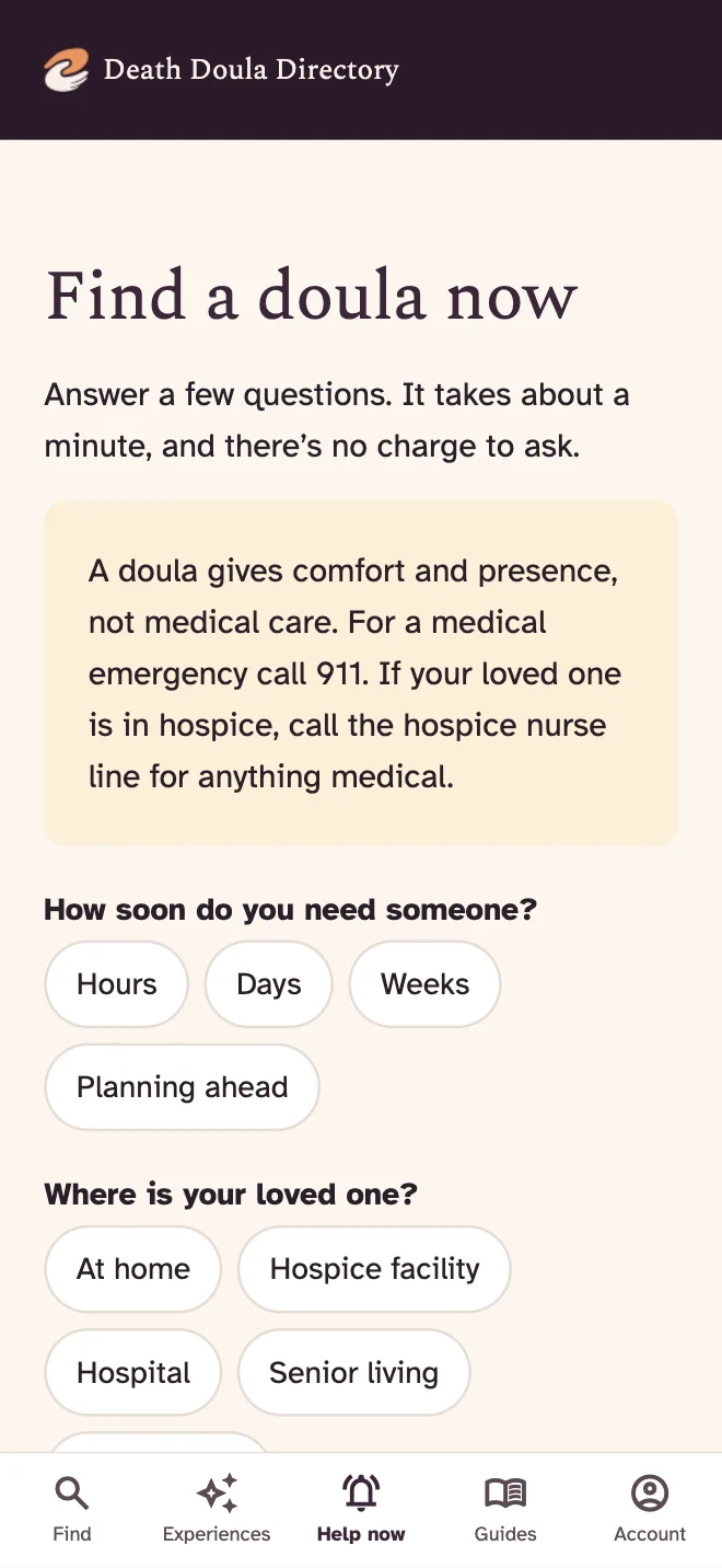 Help now screen in the app