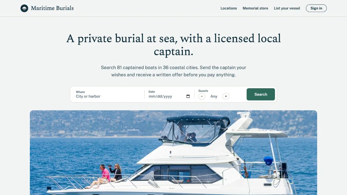 The maritimeburials.com homepage