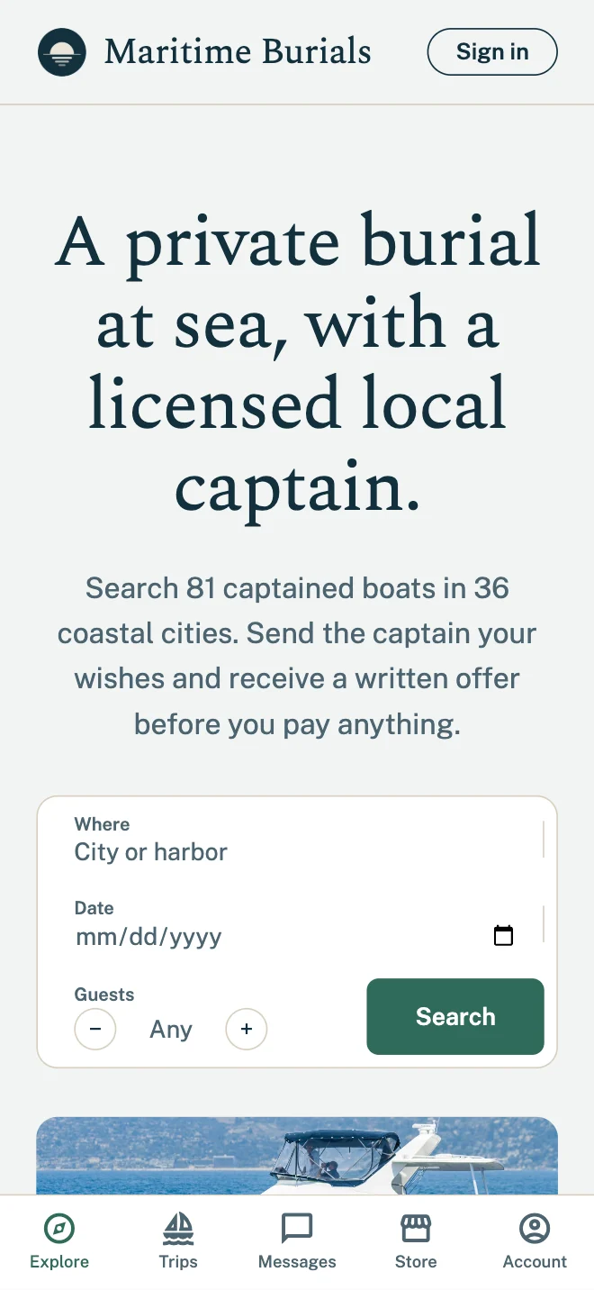 Search by harbor screen in the app